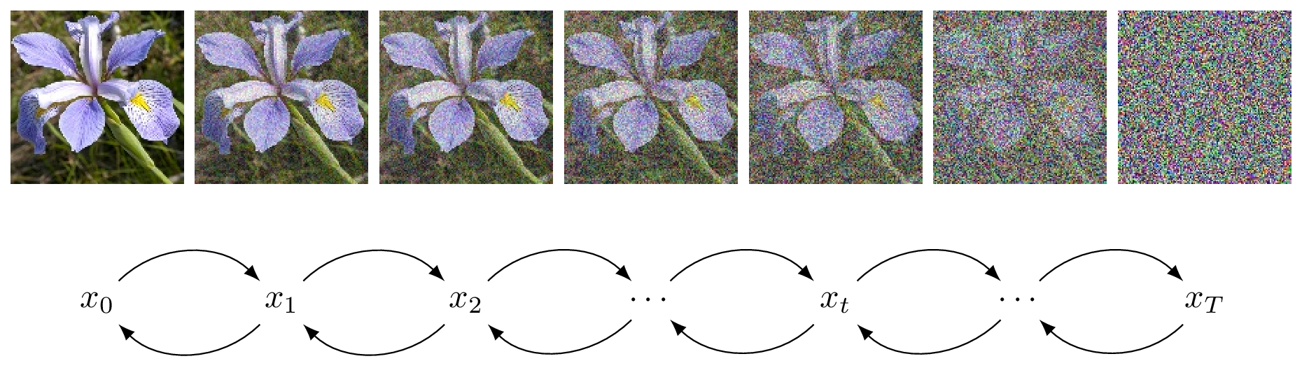 The forward diffusion process (top) generates noise from data, . The reverse diffusion process (bottom) recovers a sample from the data distribution from noise